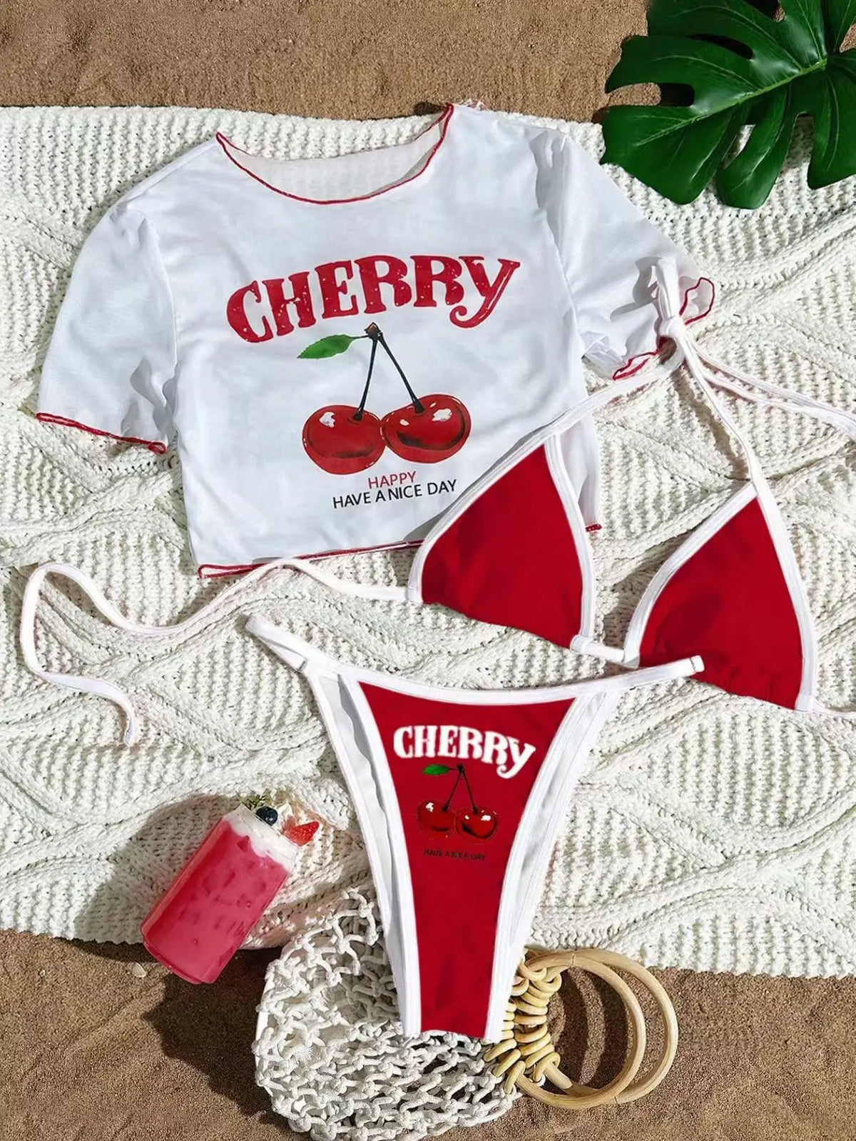 XS - L Cherry Printed Short Sleeve Bikini Female Swimsuit Women Swimwear Three-pieces Bikini set Bather Bathing Suit Swim V6854