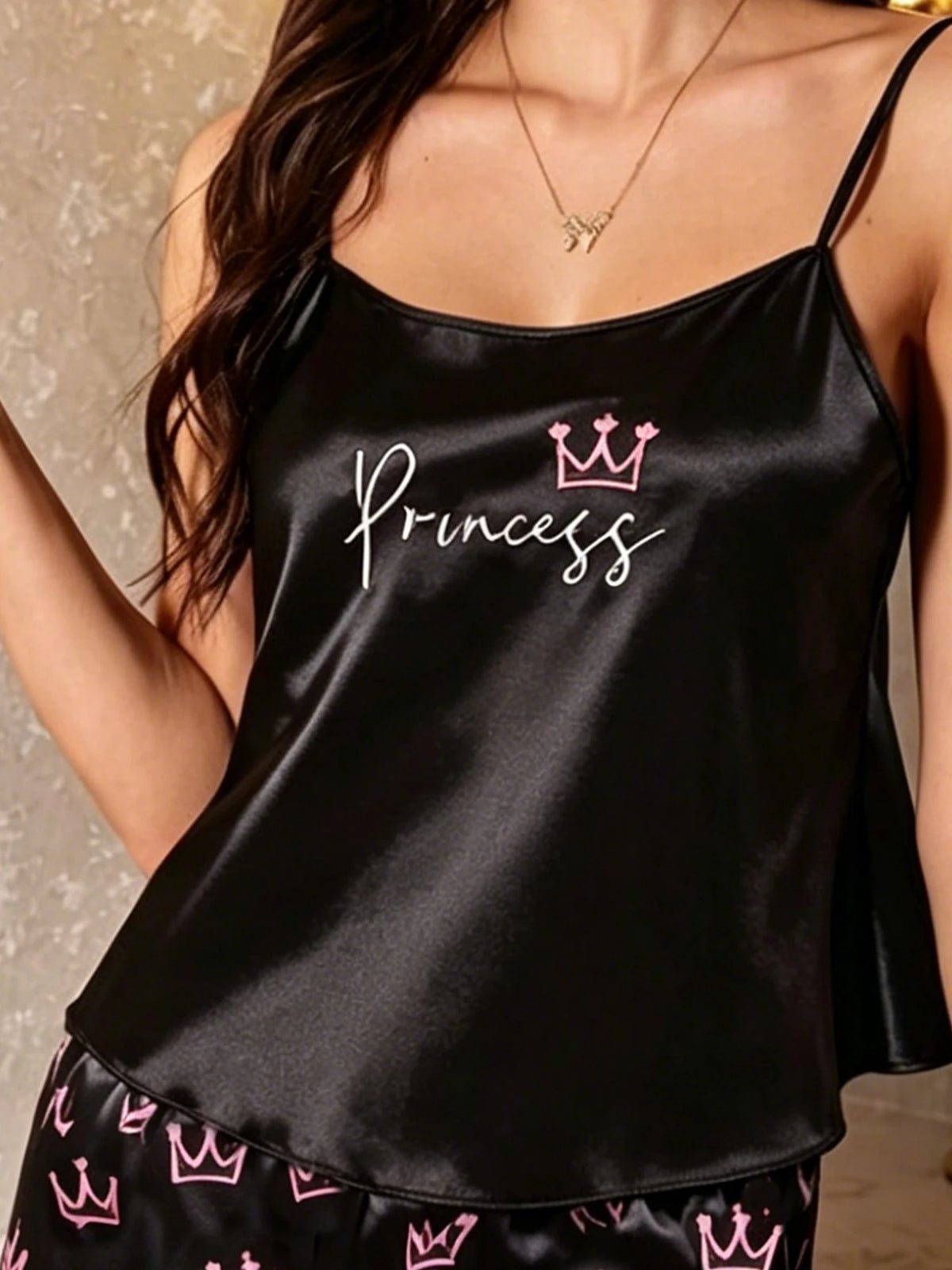 Womens Sexy Crown Print Pajamas Two-piece Set Summer Camisole Top Pants Pajama Set Casual Comfortable Homewear Casual Outfit Set