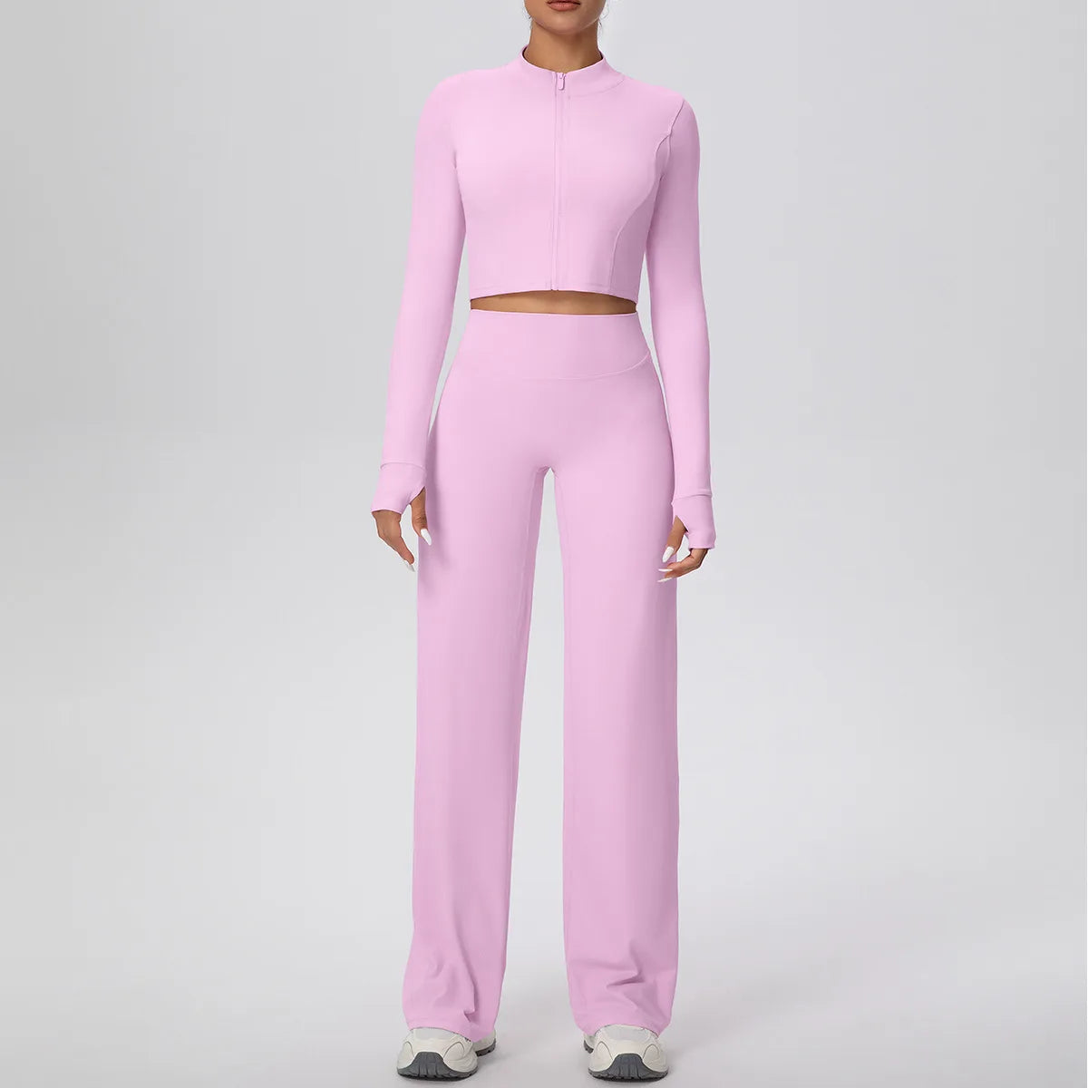 2 Pcs Women's Seamless Yoga Set Long-sleeved Wide-leg Pants Tracksuit Fitness Sports Set High-waisted Hip-lifting Slim-fit Suit