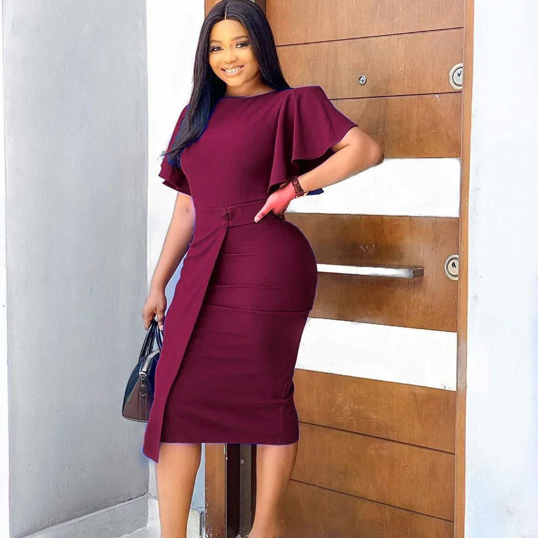 2025 Women Plus Size Bodycon Dress Fashion Elegant Commuter Sexy Short Sleeved Office Vestidos Solid Color High Waisted Dresses