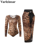 S - XXL 2026 Leopard With Skirt Long Sleeve One Piece Swimsuit Women Swimwear Female High Cut Leg Bather Bathing Suit Swim V7352