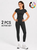 Ladies Sportswear Set (Short Sleeve Top + Long Pants) Fitness Gym Workout Clothing Running Yoga Ensemble