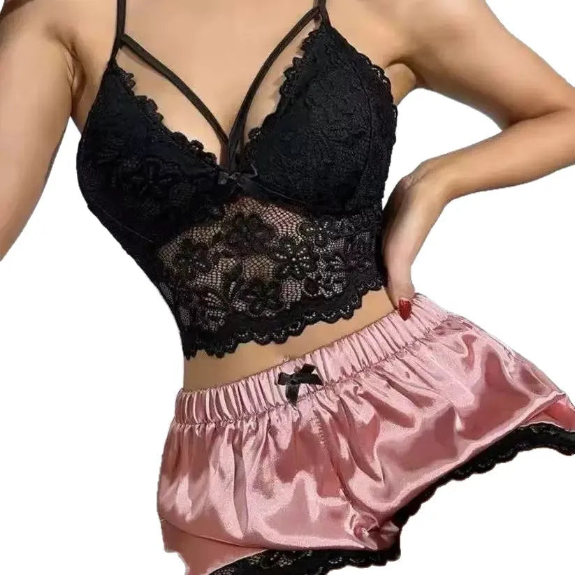 European and American new suspender lace vest top satin shorts sex underwear pajamas loungewear two-piece set women