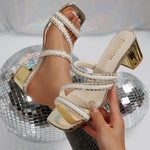 Rhinestone Sandals Women's Shoes 2026 Summer Trend Fashion Square Toe Crystal Heel Slippers Simple Shiny Vacation With Skirt