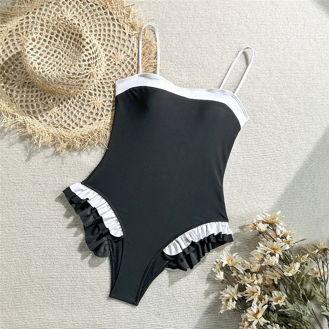 Ruffled Frilled Splicing One Piece Swimsuit Women Swimwear Female Monokini High Leg Cut Padded Bather Bathing Suit Swim V7414