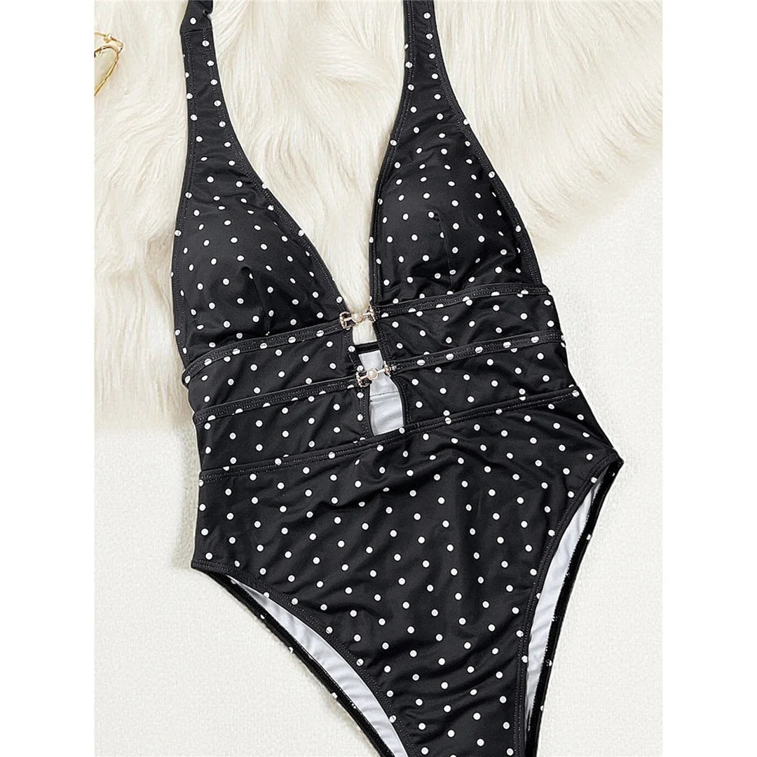 Polka Dots Halter Deep V Neck One Piece Swimsuit Women Swimwear Female Backless Monokini Padded Bather Bathing Suit Swim V7729