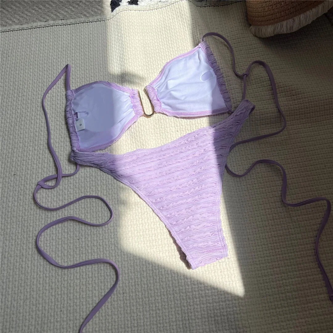 U Neck Wrinkled Crinkled Bikini Women Swimwear Female Swimsuit Two-Pieces Bikini Set High Cut Bather Bathing Suit Swim V5708B