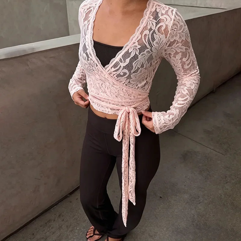 FDYOUI Women's V-neck Long Sleeve Lace T-shirt 2026 Ladies Chic Bandage Lace Tee Shirts Pink Streetwear Girls Slim Crop Tops