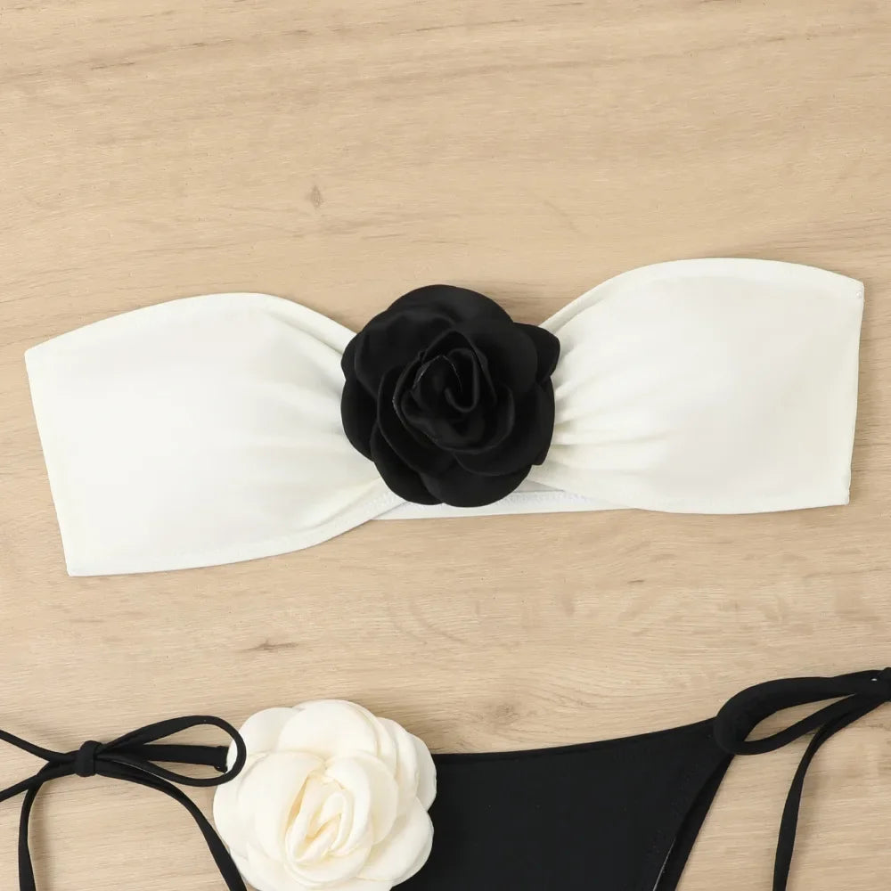 Sexy Bikini Set 2025 Bandeau 3D Flower White Black Contrast Push Up Micro Swimsuit Brazilian Cut Out Bathing Suit Thong Swimwear