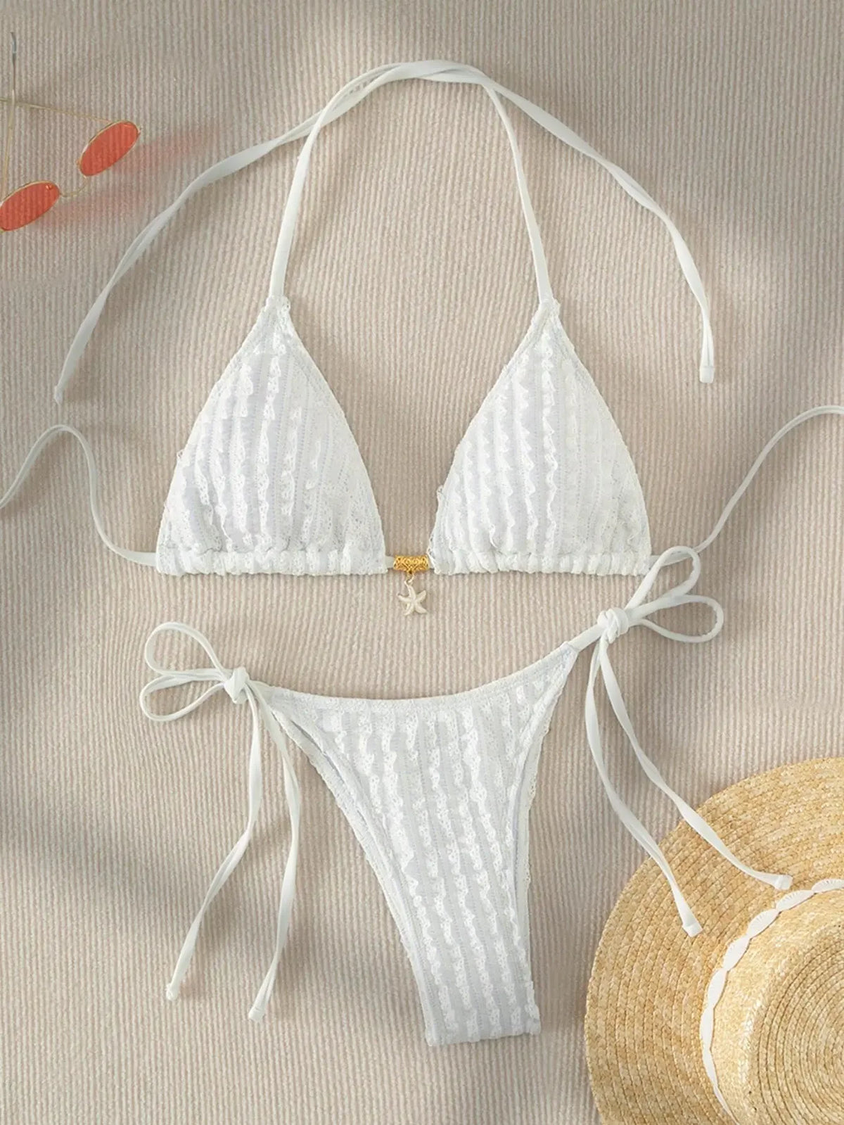 Sexy White Bikini 2025 Women Halter Lace Push Up Metal Designer Micro Swimsuit Brazilian Bathing Suit Tie Side Thong Swimwear