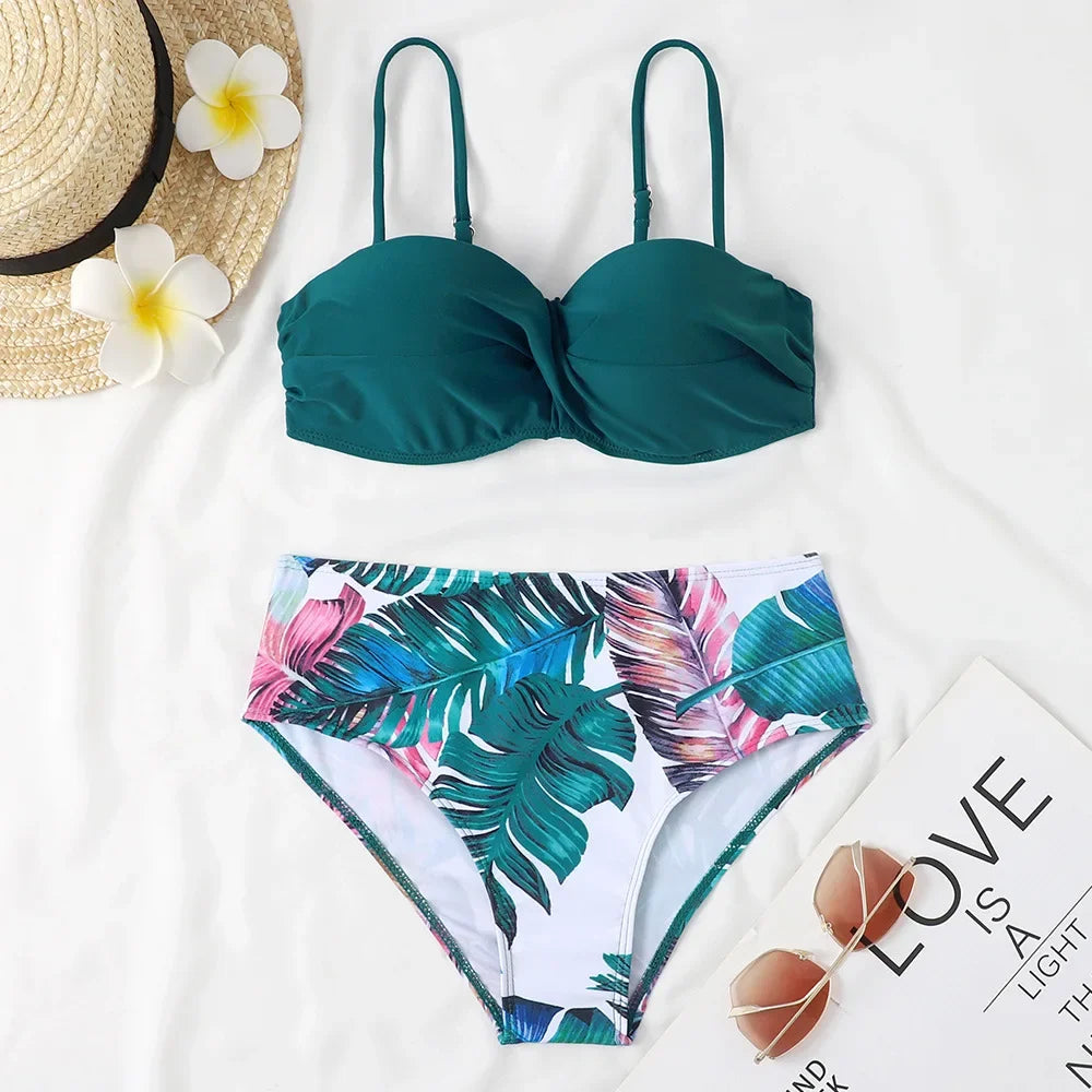 Print Bandeau Bikini Swimsuit Women Push Up Bikini Set Swimwear Female High Waisted Bathing Suit Beach Wear Brazilian Biquini