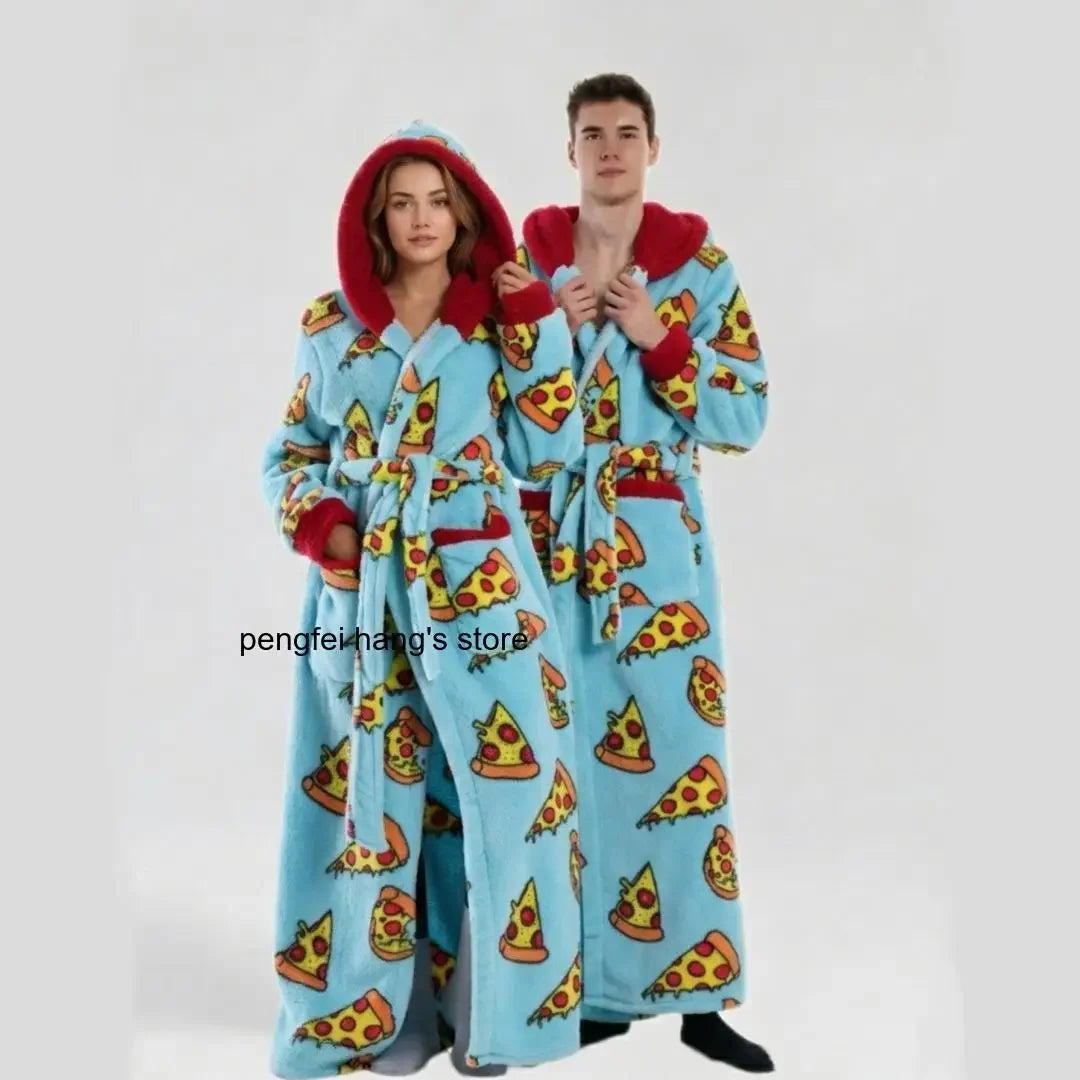 Winter Hooded Flannel Bath RobeCouples Loose Fit Animal Fruit Multi Print Long Loungewear Robe with Belt Double Side Pockets