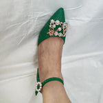 ZOKI Fashion Pearl Buckle Square Heels Pumps Women Pointed Toe Bling Crystal Party Shoes Woman Elegant Med Heels Bride Shoes