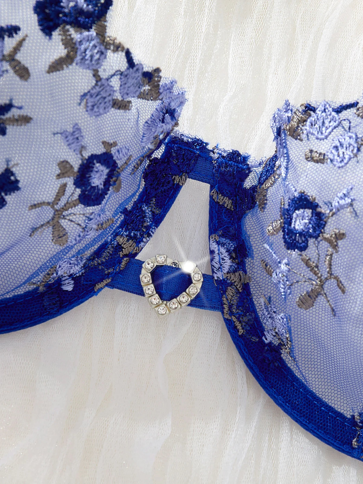 Women's Royal Blue Floral Embroidery Lingerie Set Half Cup Push Up Bra And Thong Sheer Mesh Lace Comfortable SexyUnderw ZA824026
