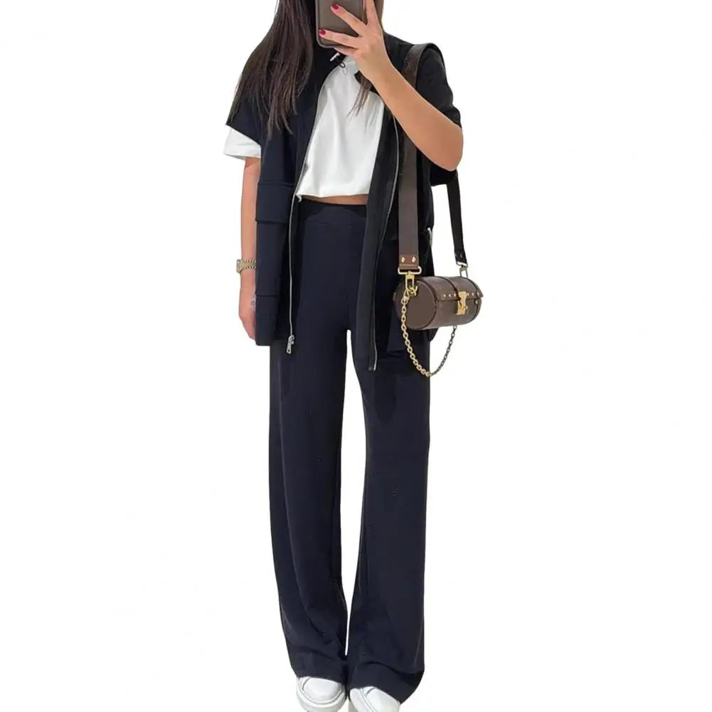 Women's Two Piece Outfit Casual Full Zip-up Short Sleeve Shirt And Wide Leg Pants Set Office Casual Lounge Tracksuit