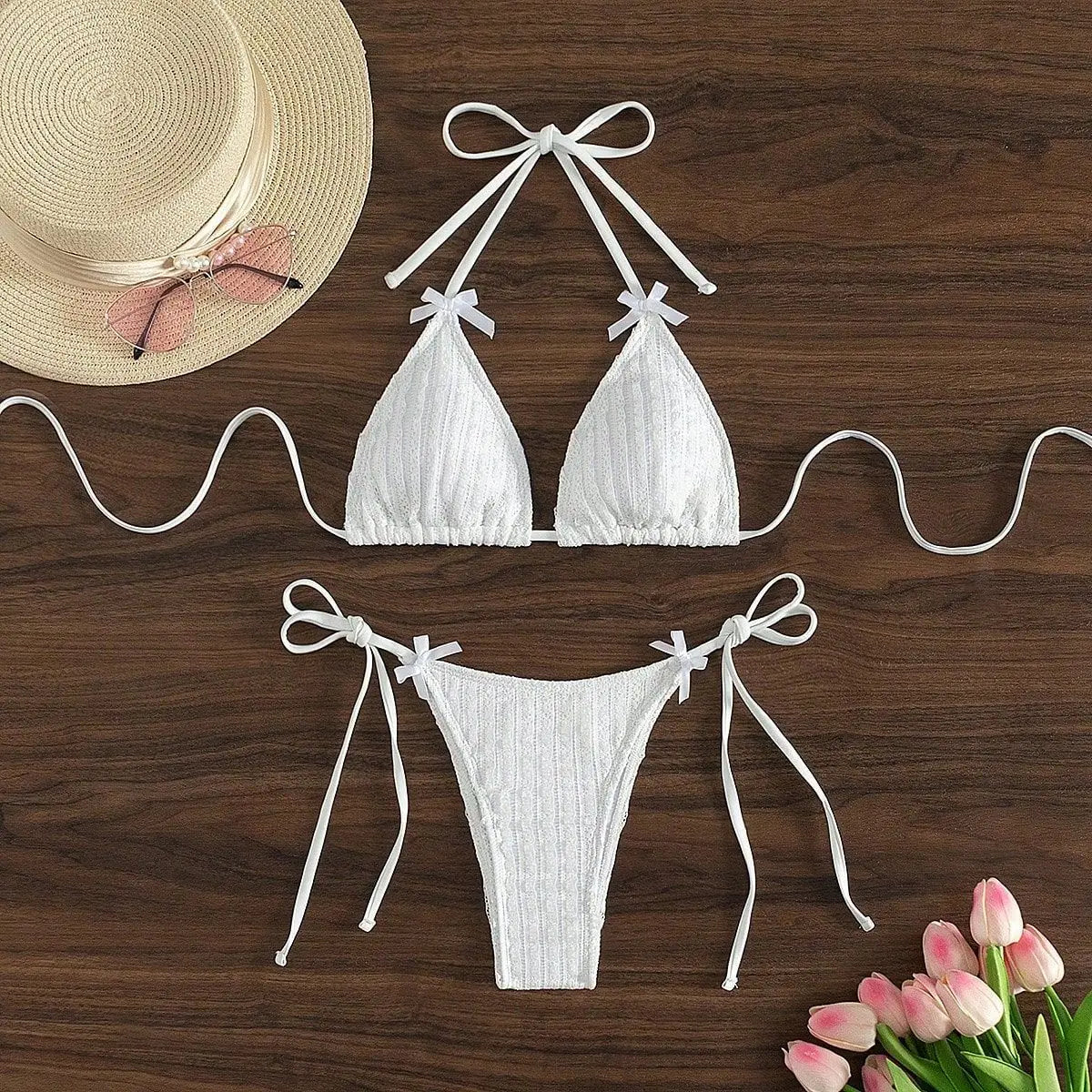 2026 New Solid White 2 Piece Swimsuit Sexy Bow Push Up Bra Triangle Bikini Set Beach Lace-up Thong Bathing Suit Micro Swimwear