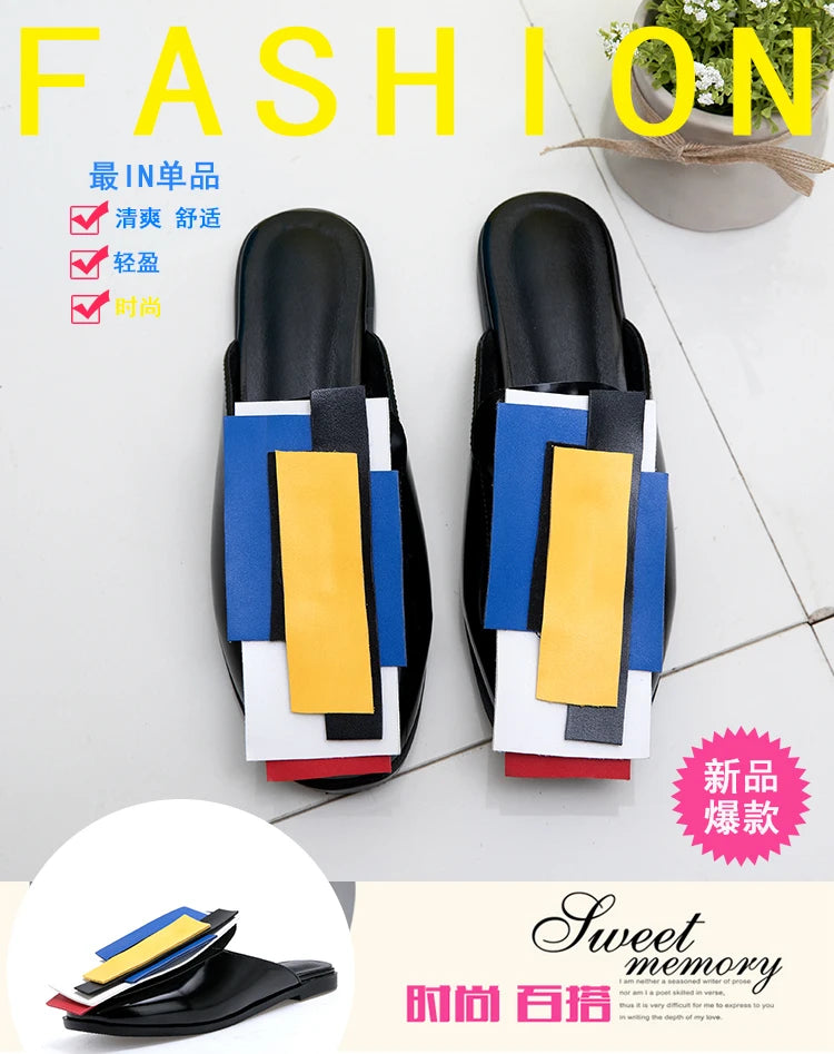 Summer Women Slipper High Block Heels Mules Party Club Ladies Mixed Color White Outdoor Slip-on Square Toe Shoes