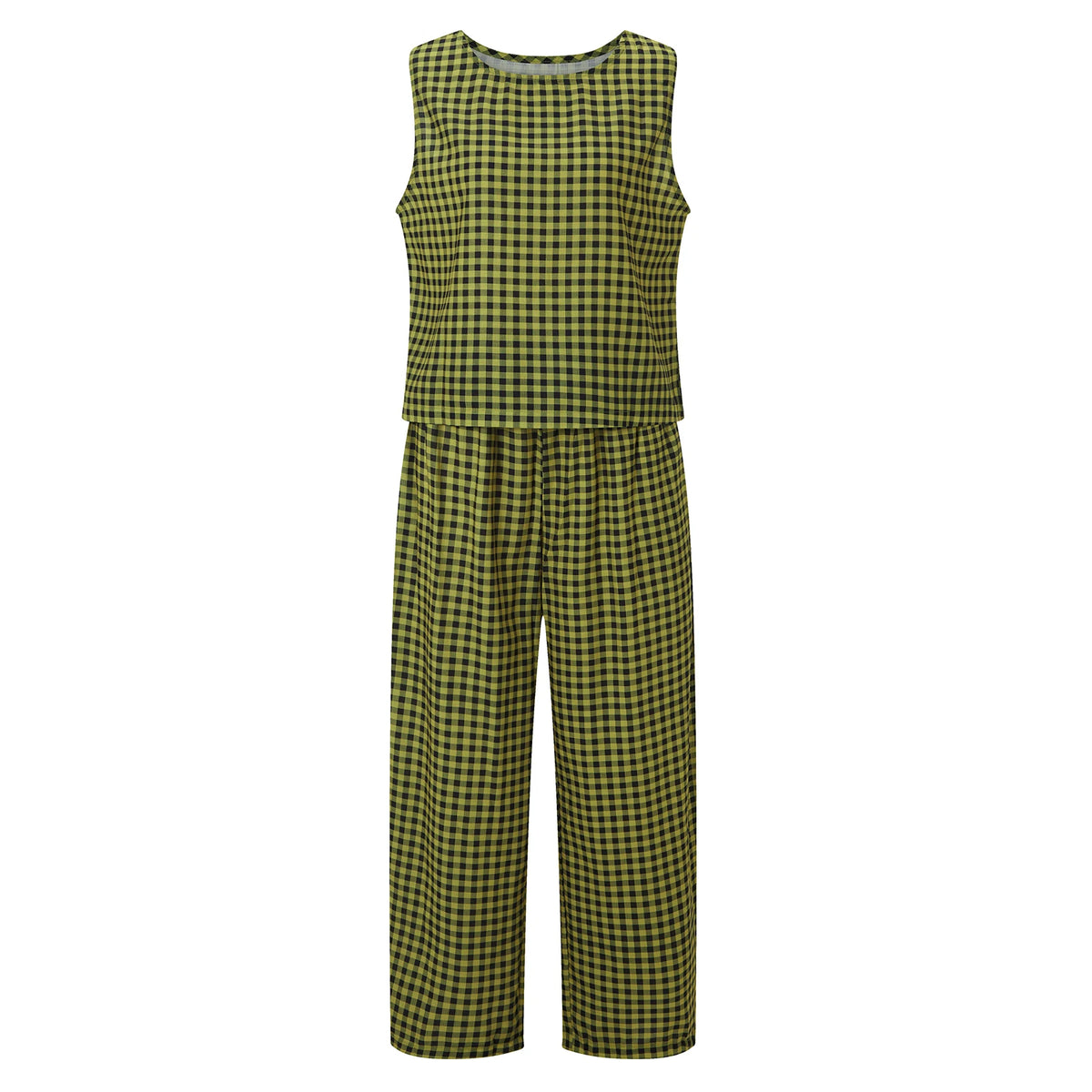 Women’s 2 Piece Summer Pant Outfits Sleeveless Plaid/Stripes Print Tank Tops + Pants Set Casual Streetwear