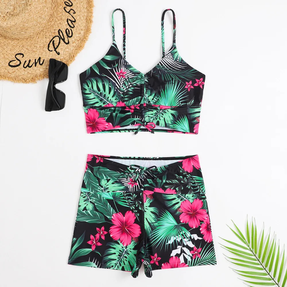 High Waist Bikini Swimsuit Women 2024 Floral Print Swim Suits Drawstring Front Shorts Boxers Swimwear Trunks Pool Bathing Suit
