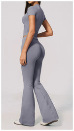 Seamless High Elasticity Yoga Sets Women Short Sleeve O Neck Sports T Shirts Workout Outfits Running Wide Leg Pants Fitness Suit