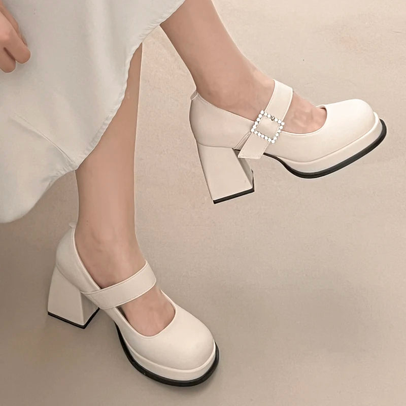 Elegant Chunky Heel Mary Jane Shoes Women 2025 Crystal Buckle Strap Platform Pumps Woman Thick High Heeled Party Shoes Ladies