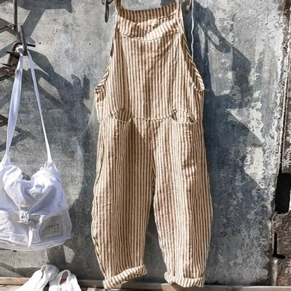 Casual Striped Print Sleeveless Jumpsuit Sling Big Pockets Wide Leg Summer Jumpsuit Women Female Clothing