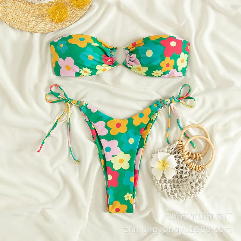 Sexy Bandeau Bikini 2025 Women Pink Floral Print Ring Circle Push Up Micro Swimsuit Off Shoulder Bathing Suit Thong Swimwear
