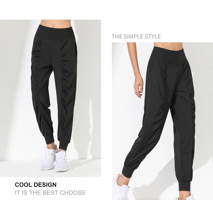 Hearuisavy Yoga Pants Loose Slim Quick-Dry Yoga Pants Pleated Hem Bound Running Fitness Capris Pockets Jogging Pants Woman