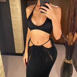 2PCS Set Sexy With Top Halter Crochet Knitted Dress Tunic Beach Cover Up Cover-ups Beach Dress Beachwear Female Women V4885W