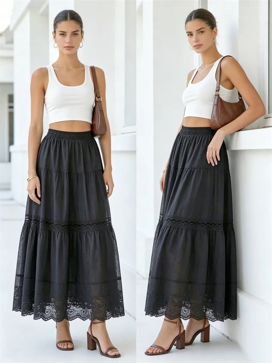 Women's Boho Long Skirts Hollow Out Hem Elastic Waist Loose Fit Pleated A-line Skirts Summer Casual Fashion Skirts