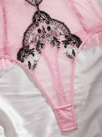 Pink Lace Embroidery Jumpsuit with Black Floral Lace Paneling High-Waist Triangle Pant Design Romantic French Sexy Underwear