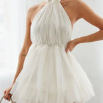 Solid Color Mesh Halter Neck Dresses Women Sexy Backless Leace-up Sleeveless Mini Dress Trendy Elegant Lady Vestidos Summer New