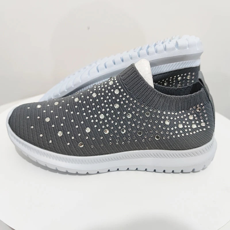 Women's Slip-On Crystal Sneakers 2025 Breathable Mesh Plus Size 35-43 Casual Flats Women Comfort Soft Sole Running Walking Shoes