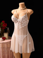 Pure white wedding-style lace net gauze nightgown set-French deep V cross straps sheer sexy pajama thong set for women ZA825096