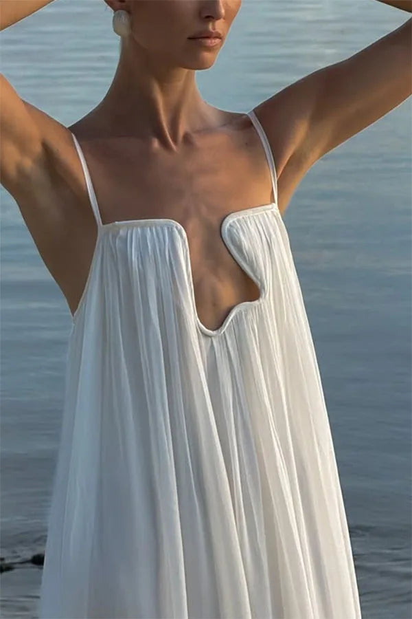 Women's White Spaghetti Strap Long Dress Fashion Solid Color Vacation Style Irregular Neck Backless Dresses Sexy Beach Vestidos