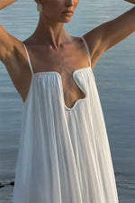 Women's White Spaghetti Strap Long Dress Fashion Solid Color Vacation Style Irregular Neck Backless Dresses Sexy Beach Vestidos