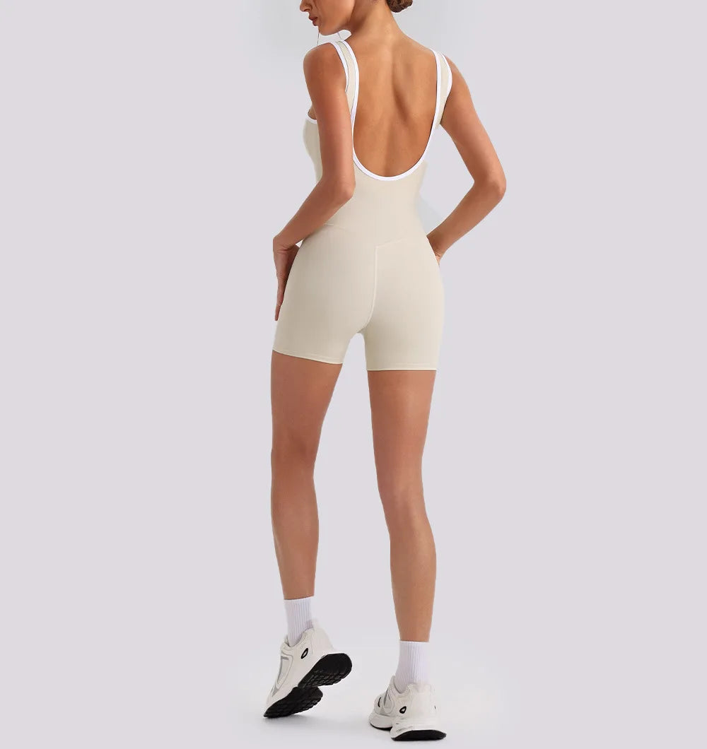 Sexy Sleeveless Backless Scrunch Yoga Jumpsuit Women Color-block U Neck Slim Sports One Piece Suits Tight Fitness Gym Overalls
