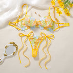 French-style sweet yellow embroidered lingerie set - Women's see-through netting tie-waist thong bra set of two pieces ZA825291