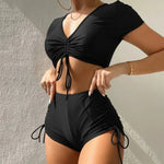 Black Drawstring Swimwear Bikinis Sets Mujer 2026 Crop Top Shorts Bottom Swimsuit Women Sexy Bathing Suit Beachwear Bikini Swim
