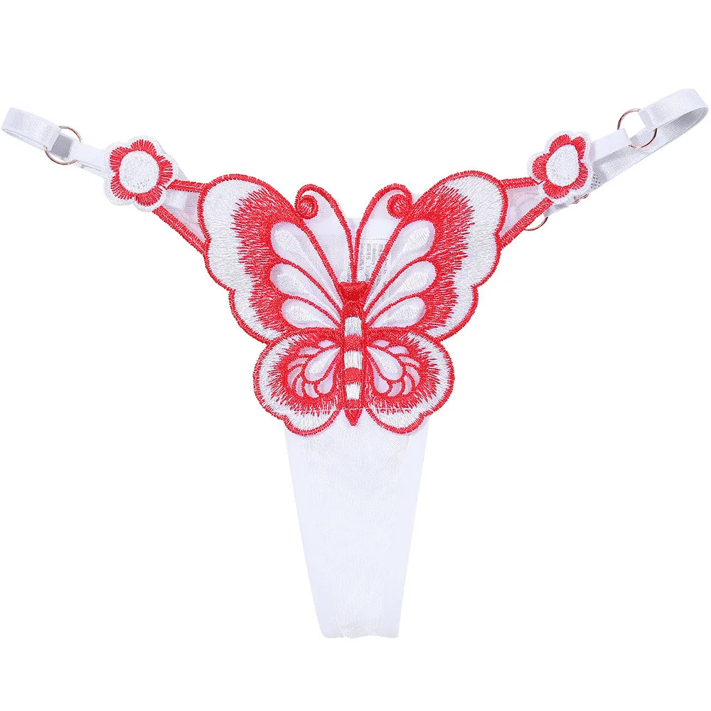 Butterfly Lace Thong for Women Low Waist G-String Transparent Mesh Panties Sexy Embroidered Briefs Adjustable Waist Culotte Femm