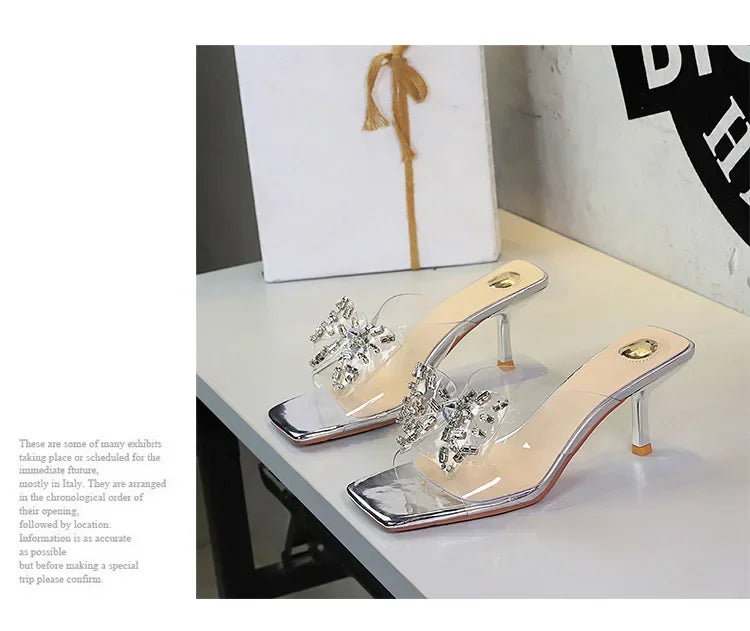 BIGTREE New Crystal Slippers Shoes Women Fine High Heels Transparent Sandals Female Slippers Sexy Outside Beaded Beach Shoes