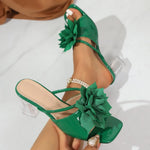 SummerFresh Square Toe Open Toe Flower Slippers Women's Bow Temperament Non-Slip High Heel Beach Sandals Green Beige 35-43 New