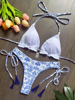 Sexy print women's bikini swimsuit split set with straps and tassels 2-piece set for summer beach swimsuit