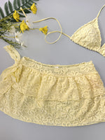 Women Yellow Flower Bikini Sets Three Pieces with Ruffles Mini Skirt Halter String Swimsuit Bathing Suit Beach Outfits Biquini