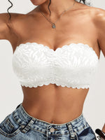 Women's Off Shoulder Lace Bandeau Bra, Floral Ruffled Wirefree Removable Pads Lift Anti-Sagging Daily Casual Wear