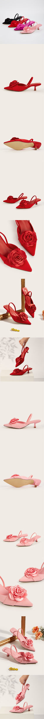 2026 Big Size 43 Summer Women's Pointy Toe Kitten Heels Slingback Satin Sandals Elegant Sandal Rose Flower Office Lady Shoes