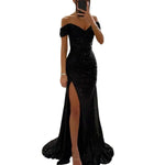 Evening Party Prom Dress Elegant V-Neck Off Shoulder Dress Sequin Pleated Short Sleeve Waist Tight Slim Sexy Split Long Dress
