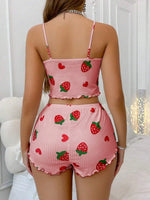Summer Strawberry Print 2PCS Pajama Set Women's Casual Sleepwear Suspender Crop Tops and Shorts Comfortable Home Wear