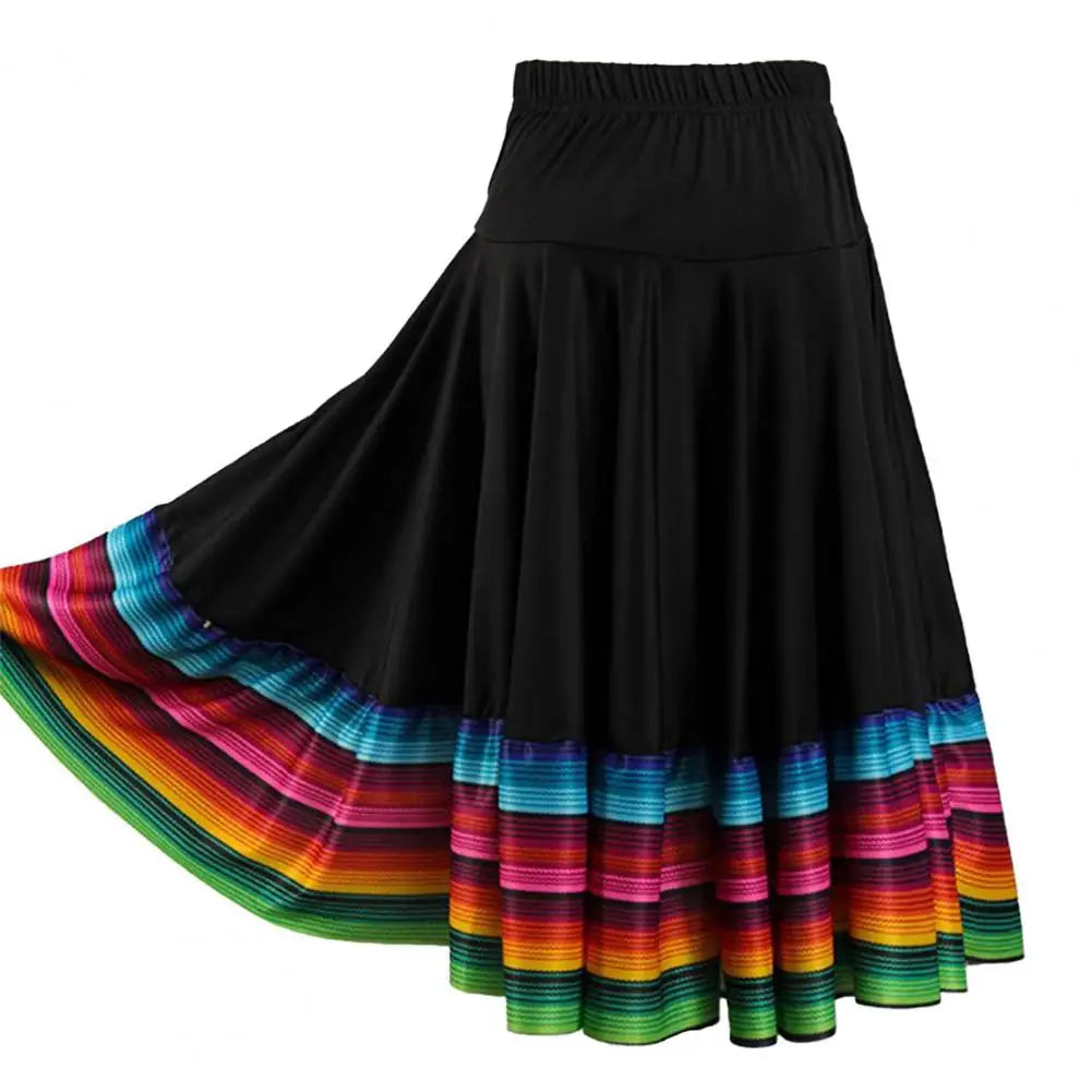 High Waist Spanish Swing Skirt Midi Skirt Ladies Folk Dance Skirt Elastic Large Swing Hem Mexican Flamenco Performance Skirts