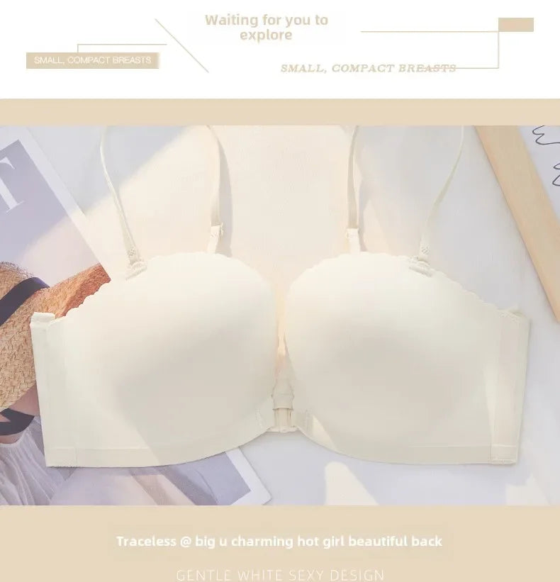 Front Button Underwear Women's Small Chest Pull Up To Show Large Summer Thin Collection Breast Anti-sag White Thin Strap Bra